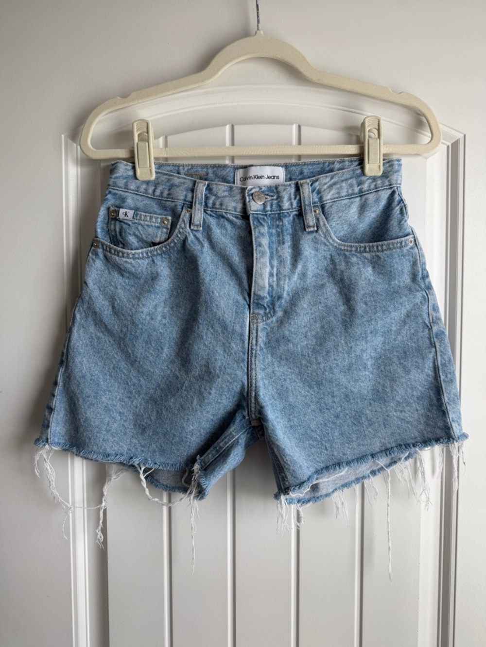 Calvin Klein Distressed Longline Denim Cutoff Shorts